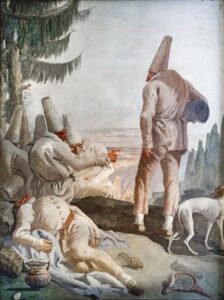 Ca’ Rezzonico – Pulcinelli a riposo by Giandomenico Tiepolo Giovanni Domenico Tiepolo, Polichinelles at Rest, 1797 Fresco Ca' Rezzonico, Venice