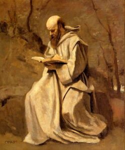 Camille Corot, Monk in White, Seated, Reading, between 1850 and 1855 Oil on canvas, 21.6 x 17.7 in Louvre Museum, Paris