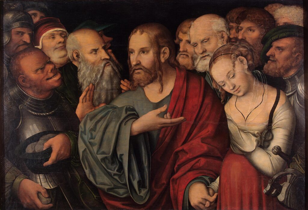 Lucas Cranach the Younger, Christ and the Woman Taken in Adultery, after 1532 Painting on copper, transferred from wood, 33.1 × 48.4 in State Hermitage Museum, Saint Petersburg