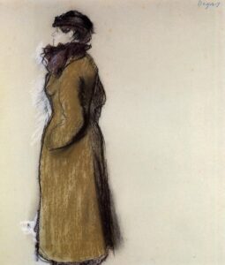 Edgar Degas, Woman in Street Clothes, Portrait of Ellen Andrée, 1879 Pastel on green-grey paper, 19 x 16.5 in Private collection