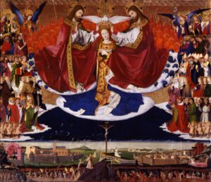 Enguerrand Quarton, Coronation of the Virgin, Altar of the Charterhouse of Villeneuve-lès-Avignon, 1453-1454. Tempera on panel, 72 × 86.6 in Pierre de Luxembourg Museum, Avignon, France