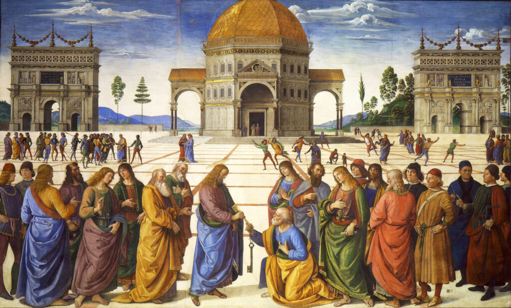 Pietro Perugino, The Delivery of the Keys to Saint Peter, c 1481–1483 Fresco, 129.9 × 216.5 in Sistine Chapel, Vatican City