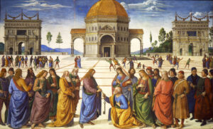 Pietro Perugino, The Delivery of the Keys to Saint Peter, c 1481–1482 Fresco, 131.9 × 216.5 in Sistine Chapel, Vatican City