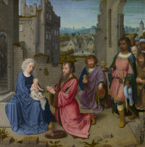 Gerard David, Adoration of the Magi, circa 1515 Oil on oak wood, 23.6 x 23.3 in National Gallery, London