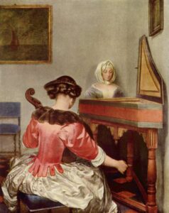 Gerard ter Borch, Two Women Playing Music in an Interior, circa 1675 Oil on oak wood, 22.4 x 17.9 in Gemäldegalerie, Berlin