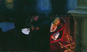 Ilya Repin, Gogol Burning the Manuscript of the Second Part of "Dead Souls", 1909 Oil on canvas, 31.8 x 52.9 in Tretyakov Gallery, Moscow