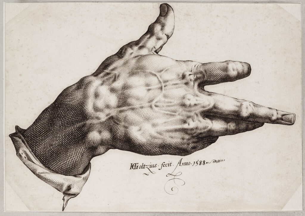 Hendrik Goltzius, Goltzius's Right Hand, 1588 Pen and brown ink, 9 x 12 5/8 in Teylers Museum, Haarlem