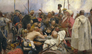 Ilya Repin, Reply of the Zaporozhian Cossacks to Sultan Mehmet IV, between 1878 and 1891 Oil on canvas, 85.4 x 11.8 ft Russian Museum, St Petersburg