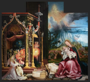 Matthias Grünewald, Concert of Angels and Nativity, Part of Isenheim Altarpiece, circa 1515 Oil on panel, 104.3 x 119.6 in Unterlinden Museum, Colmar, France.