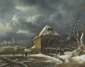 Jacob van Ruisdael, Winter Landscape with a Watermill, after 1660s Oil on canvas, 21.6 x 26.5 in Private collection