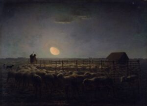 Jean-Francois Millet, The Sheepfold, Moonlight, from 1856 until 1860 Oil on panel, 17.8 x 24.9 in Walters Art Museum, Baltimore