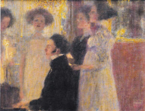 Gustav Klimt, Schubert at the Piano I, circa 1896 Oil on canvas, 11.8 x 15.3 in Private collection