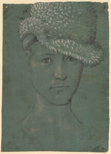Hans Baldung,Self-portrait, circa 1502 Pen and brush on blue-green primed paper, 8.6 x 6.2 in Kunstmuseum Basel