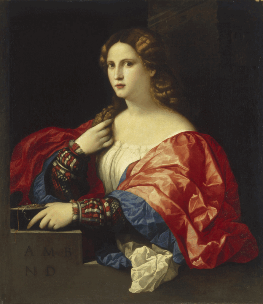 Palma Vecchio, Portrait of a Young Woman Known as “La Bella”, c 1518–1520 Oil on canvas, 37.4 × 31.5 in Museo Nacional Thyssen-Bornemisza, Madrid