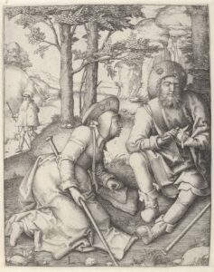 Lucas van Leyden, Resting Pilgrims, c 1508 Engraving, 6 × 4.7 in Museum Boijmans Van Beuningen, Rotterdam