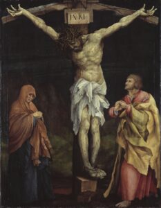 Matthias Grünewald, Crucifixion of Jesus, 1523-1524 Mixed media on softwood, 76.9 x 56.1 in Staatliche Kunsthalle Karlsruhe