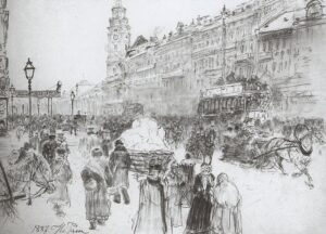 Ilya Repin, Saint Petersburg, Nevsky Prospekt, 1887 Graphite pencil and ivory black on paper, 11.7 × 16.1 in The State Russian Museum, St. Petersburg