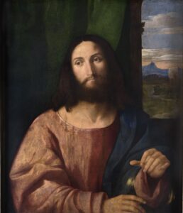 Palma Vecchio, Salvator Mundi, circa 1520 Oil on panel, 29.1 x 24.8 in Musée des Beaux-Arts de Strasbourg, France