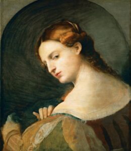 Palma Vecchio, Young Woman in Profile, between circa 1512 and circa 1514 Oil on poplar wood, 19.2 x 16.6 in Kunsthistorisches Museum, Vienna