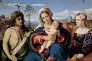 Palma Vecchio, Madonna and Child with Saint John the Baptist and Magdalene, 1520 Oil on panel, 27.9 x 42.5 in Palazzo Rosso, Genoa