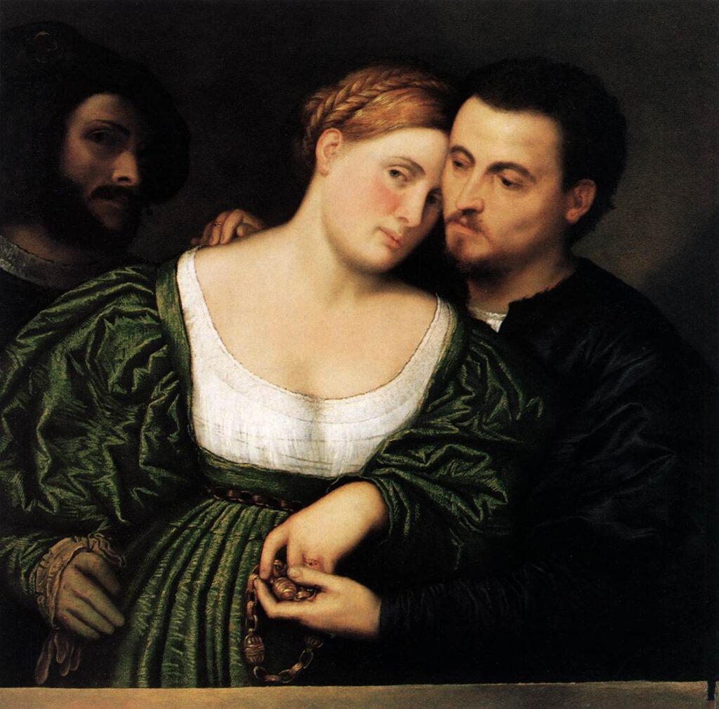 Paris Bordone, Venetian Lovers, between 1525 and 1530 Oil on canvas, 31.8 x 33.8 in Pinacoteca di Brera, Milan
