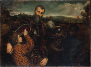 Paris Bordone, Portrait of a Man in Armor with Two Pages, between 1520 and 1571 Oil on canvas, 45.9 x 62 in Metropolitan Museum of Art, New York