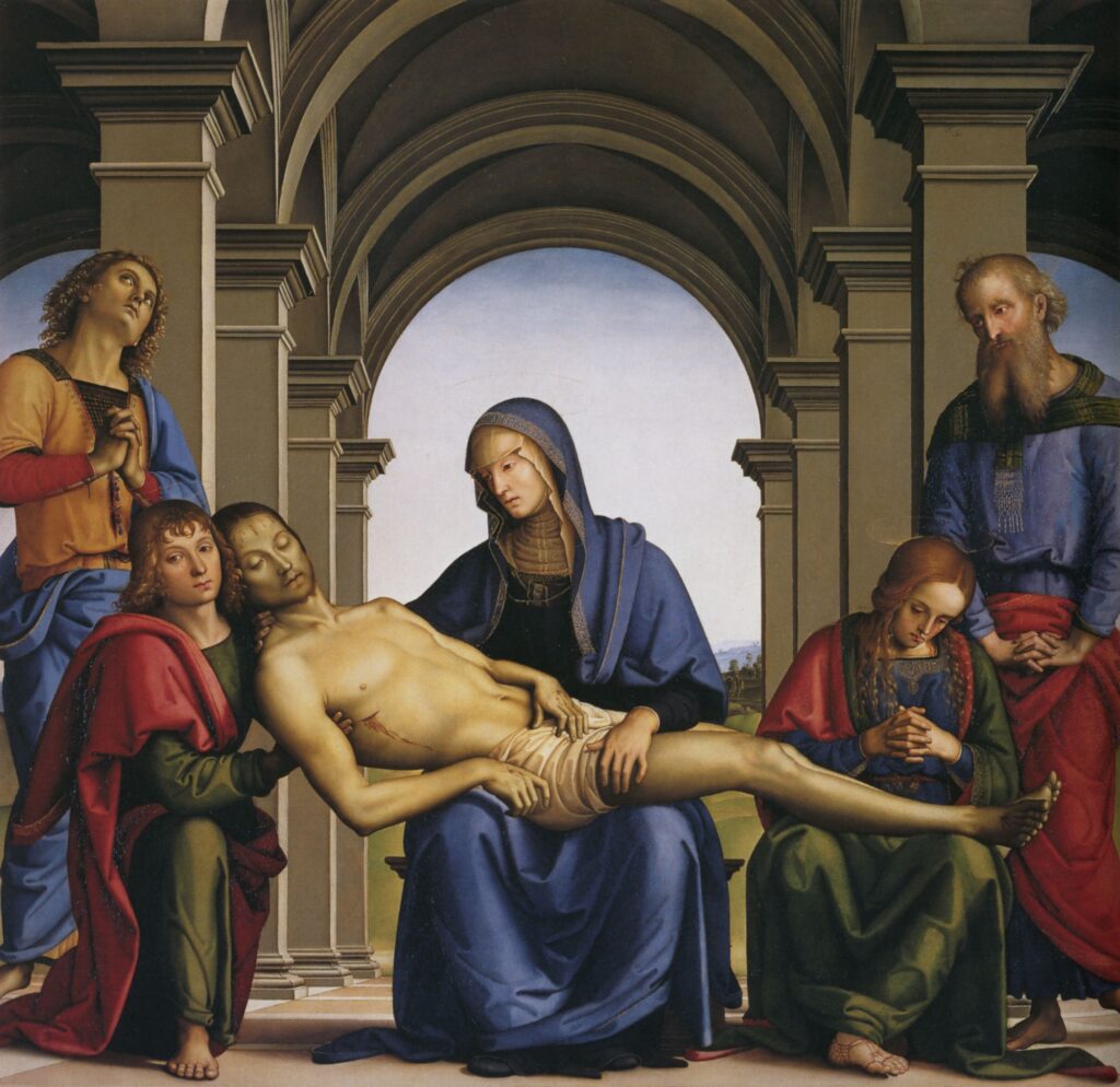 Pietro Perugino, Pietà, 1493–1496 Oil on wood, 66.1 × 69.3 in Uffizi Galleries, Florence