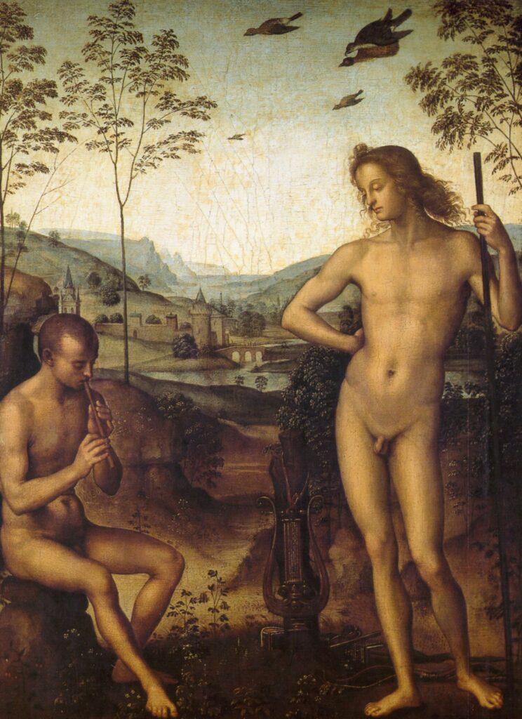 Pietro Perugino, Apollo and the Shepherd Daphnis/Formerly Apollo and Marsyas, 1475–1500 Oil on poplar, 15.4 × 11.4 in Louvre Museum, Paris