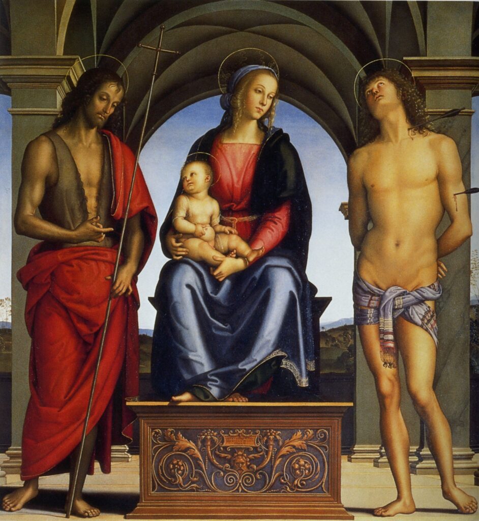 Pietro Perugino, Madonna and Child Enthroned with Saints John the Baptist and Sebastian, 1493 Oil on panel, 70.1 × 64.6 in Uffizi Galleries, Florence