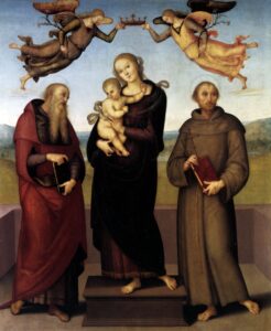 Pietro Perugino, The Virgin and Child with Saints Jerome and Francis, circa 1507 Oil on panel, 73 x 49.4 in National Gallery, London