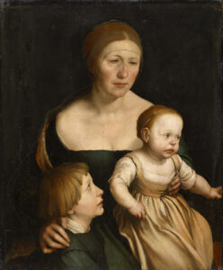 Hans Holbein the Younger, Portrait of the Painters' Wife and Their Two Oldest Children, between 1528 and 1529 Mixed technique on paper and on lime panel, 31.2x 25.4 in Kunstmuseum Basel