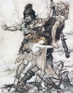 Arthur Rackham, Fasolt Suddenly Seizes Freia and Drags Her to One Side With Fafner, 1910 Book illustration The Rhinegold & the Valkyrie, London: William Heinemann, p 32