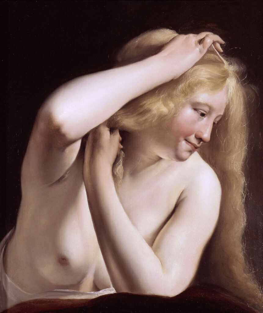Salomon de Bray, Barebreasted Woman Combing Her Hair, 1635 Oil on panel, 21.2 x 18.1 in Louvre Museum, Paris