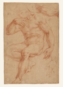 Giorgio Vasari, Studies of a Male Nude, a Drapery, and a Hand, c 1555 - 65 Red chalk, laid onto a piece of card, 14 3/16 × 9 9/16 in Getty Museum, Pacific Palisades, California