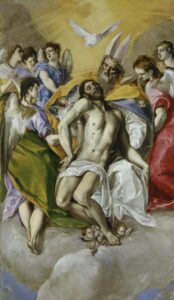 El Greco, The Holy Trinity, Part of Altarpiece of the Church of the Monastery of Santo Domingo El Antiguo, between circa 1577 and circa 1579 Oil on canvas, 118.1 x 70.4 in Museo del Prado, Madrid