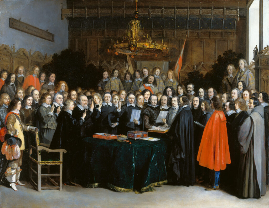 Gerard ter Borch, The Ratification of the Spanish-Dutch Treaty of Münster, 1648, Oil on copper, 17.8 x 23 in Rijksmuseum, Amsterdam