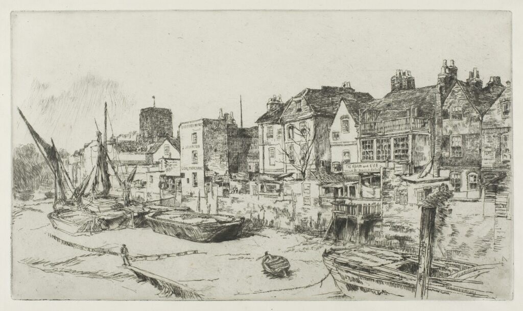James Whistler, The 'Adam and Eve', Old Chelsea, 1878 Etching, 6.9 x 11.9 in Art Institute of Chicago