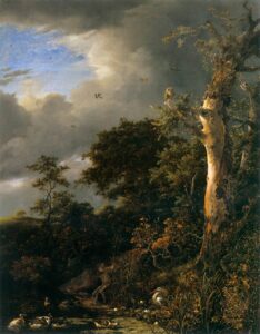 Jacob van Ruisdael, Oak Tree and Dense Shrubbery at the Edge of a Pond, 1646-47 Oil on panel, 26 x 19.3 in Szépmûvészeti Múzeum, Budapest