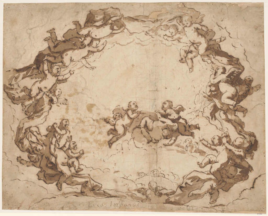 Luca Giordano, A Glory of Angels, ca. 1650–69 Pen and brown ink, brown wash, over black chalk sketch, 15 1/4 x 19 5/16 in Metropolitan Museum of Art, New York