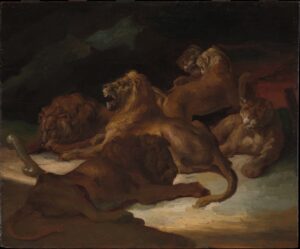 Théodore Géricault, Lions in a Mountainous Landscape, ca. 1818–20 Oil on wood, 19 x 23 1/2 in Metropolitan Museum of Art, New York
