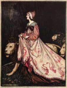 Arthur Rackham, She Went Away Accompanied by the Lions, 1909 Book illustration The Fairy Tales of the Brothers Grimm, 1909