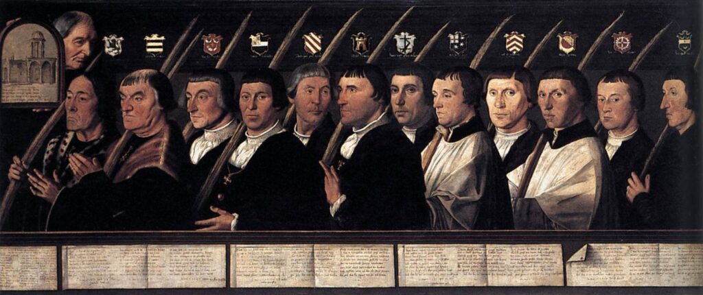 Jan van Scorel, Twelve Members of the Haarlem Brotherhood of Jerusalem Pilgrims, 1528–1529 Oil on panel, 44.9 x 108.5 in Frans Hals Museum, Haarlem