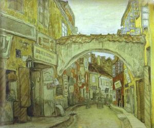 Mstislav Dobuzhinsky, Glassmakers Street in Vilno, 1906 Pencil, watercolor, and whitewash on paper State Tretyakov Gallery, Moscow