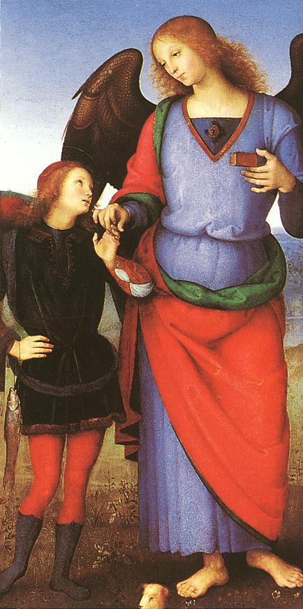 Pietro Perugino, The Archangel Raphael with Tobias, c 1496–1500 Oil on wood, 44.6 × 22.2 in National Gallery, London