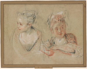 Jean-Antoine Watteau, Two Studies of the Head and Shoulders of a Little Girl, ca. 1717-1718 Black, red, and white chalk on buff paper, 7 3/8 x 9 5/8 in The Morgan Library, New York