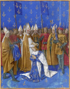 Jean Fouquet, Coronation of Charles VI the Beloved, Great Chronicles of France, c 1455-1460 Illumination on parchment, 18.1 x 13.7 in