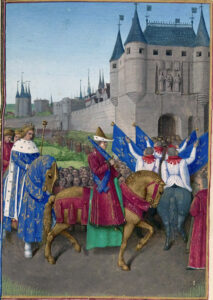 Jean Fouquet, Charles V's entry into Paris, Grandes Chroniques de France, c 1455-1460 Illumination on parchment, 18.1 x 13.7 in
