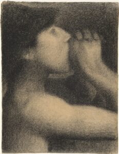 Georges Seurat, The Echo, Study for Bathers at Asnières, between circa 1883 and circa 1884 Conté crayon on Michallet paper, 12 5/16 × 9 7/16 in Yale University Art Gallery, New Haven, Connecticut