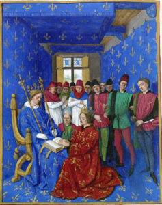 Jean Fouquet, Homage of Edward I to Philip the Fair, Great Chronicles of France, c 1455-1460 Illumination on parchment, 18.1 x 13.7 in