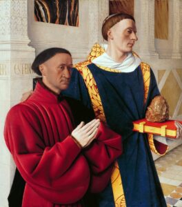 Jean Fouquet, Etienne Chevalier with St. Stephen, Part of Melun Diptych, from 1452 until 1458 Oil on oak panel, 37.7 x 33.4 in Gemäldegalerie Berlin